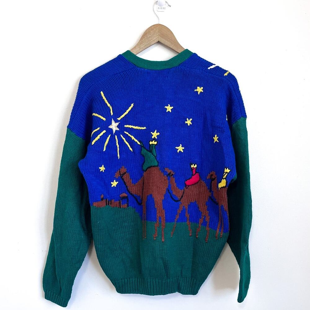 Vintage Sharon Young Nativity Manger Christmas‎ Sweater Large Wiseman Camels